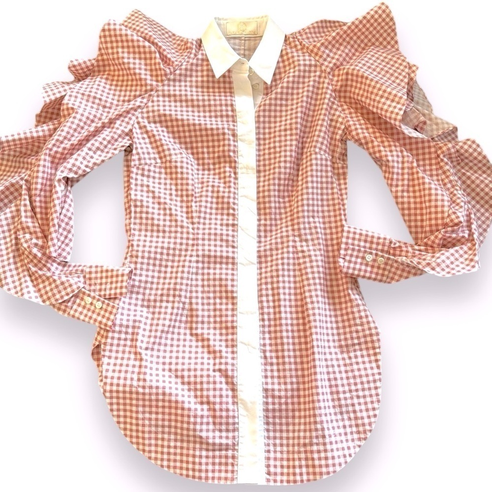 Sara Battaglia Long Sleeve Ruffle Blouse button down top new gingham pink white